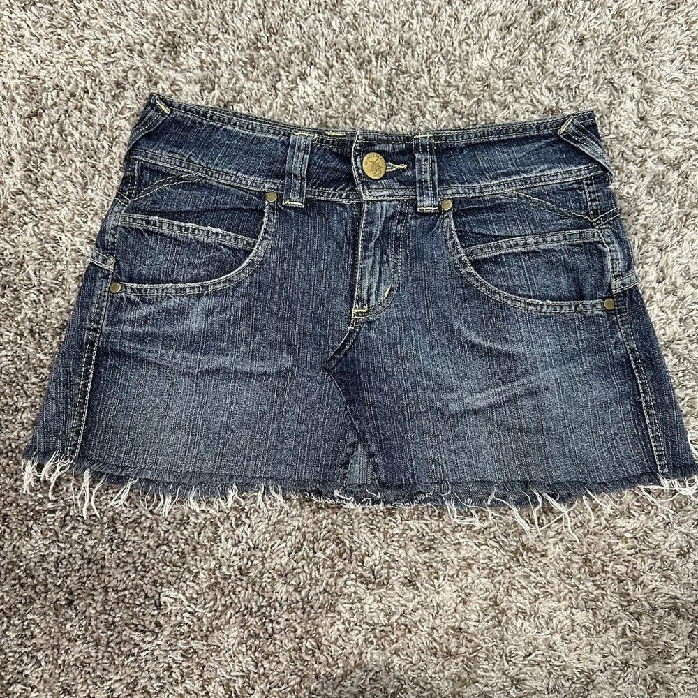 Vintage Y2K Micro Mini Skirt Denim 36 Pockets Grunge Frayed‎ Hem Indie